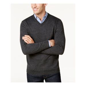 CLUBROOM Mens Black Lightweight, Heather V Neck Sweater L